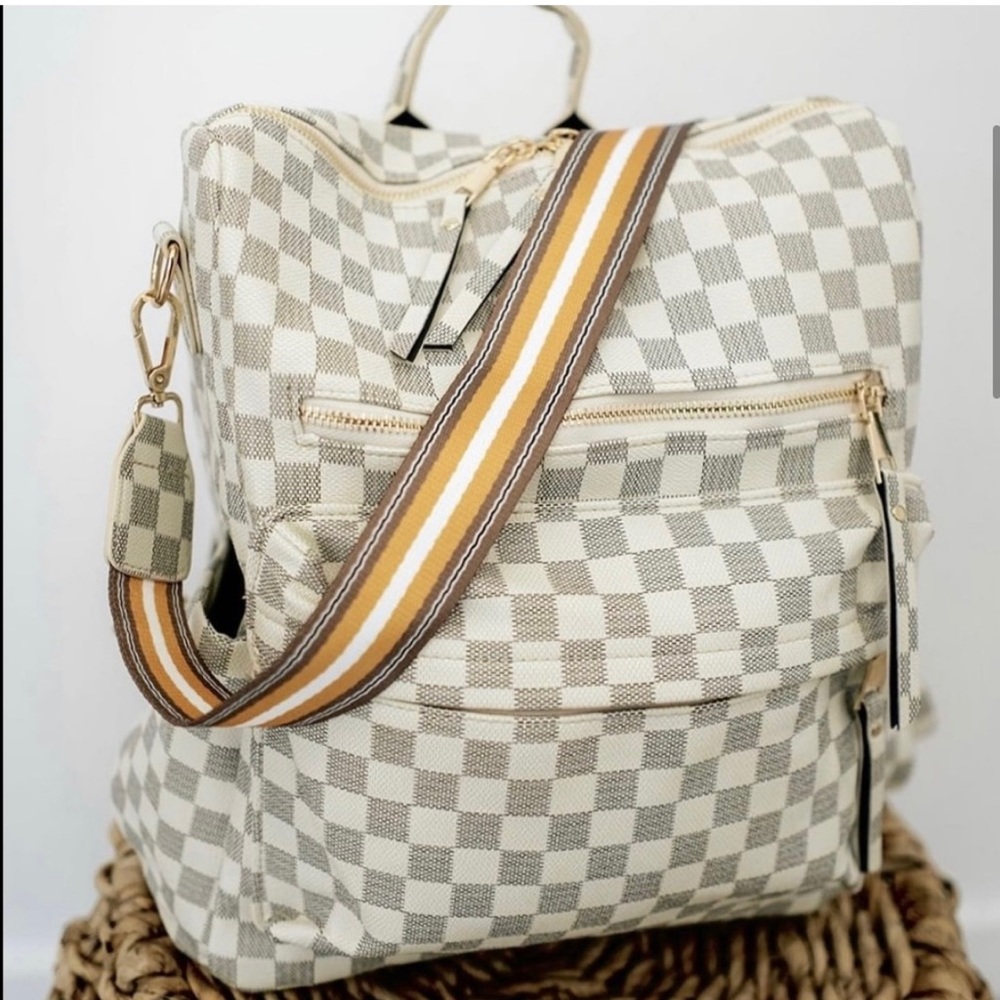 On Trend White & Gray Checkered Backpack NWOT
